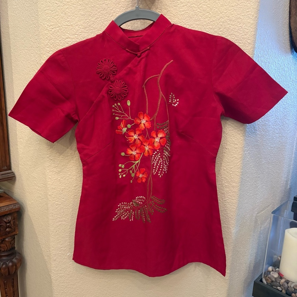 Girls Kids Red Asian Floral Embroidered Chinese New Year Shirt Size 12/14Y